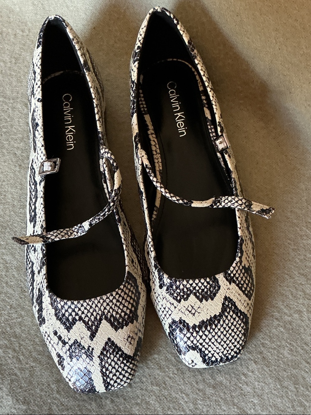 Calvin Klein Black & Cream Snake-Print Mary Jane Flats